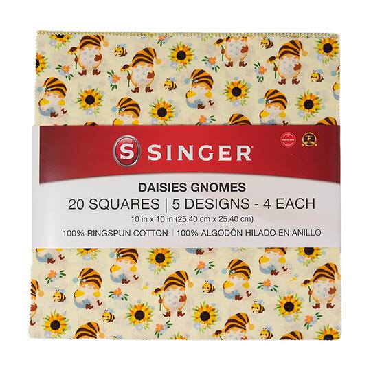 SINGER 10" x 10" Daisies Gnomes Square Cotton Fabric Premium Packs